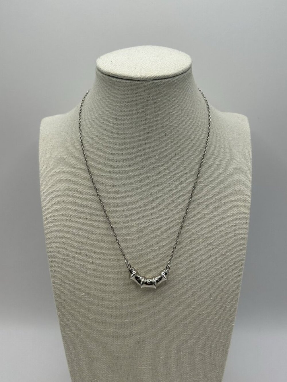 Signed Roget Silvertone Bamboo Crescent Necklace Minimalist Vintage 16”